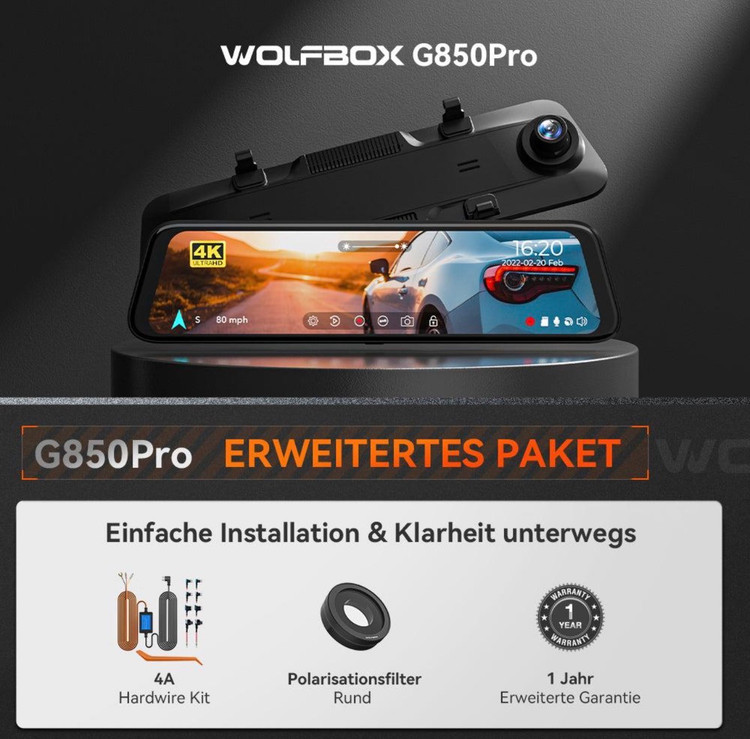 آینه دوربین ثبت وقایع WOLFBOX مدل G850 Pro WOLFBOX G850 Pro 12” 4K + 1080P Smart Mirror Dash Cam