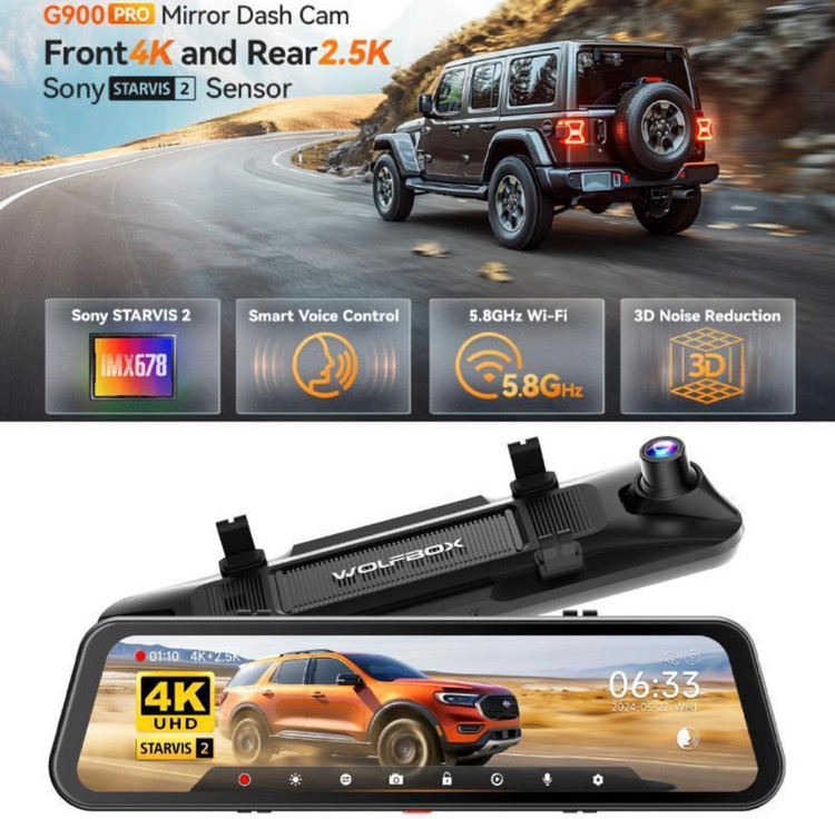 آینه دوربین ثبت وقایع WOLFBOX مدل G900 Pro WOLFBOX G900 Pro 12” Smart Mirror Dash Cam | 4K + 2.5K | WiFi | GPS | Voice Control